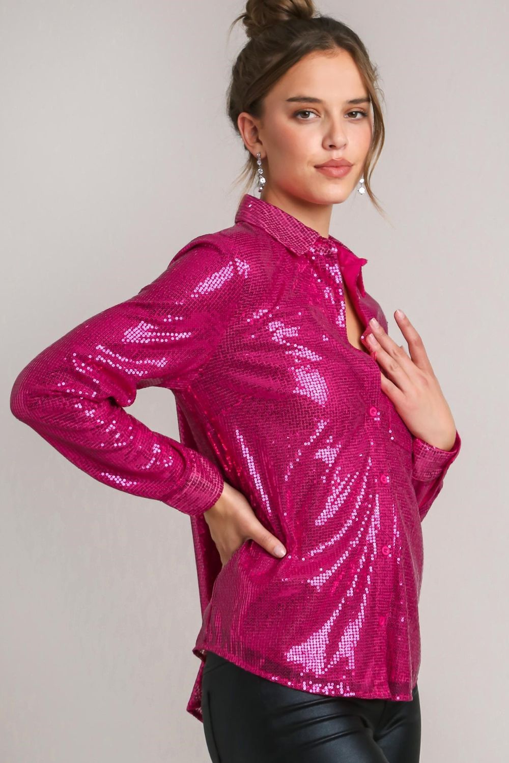 Umgee Sequin Long Sleeve Shirt with Side Chest Pocket-TOPS / DRESSES-[Adult]-[Female]-2022 Online Blue Zone Planet