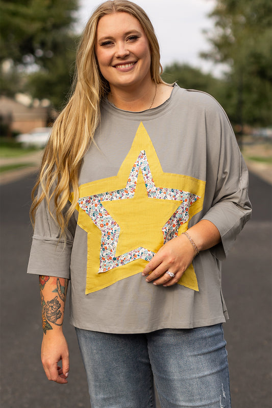 Medium Grey Floral Star Patched Pattern 3/4 Sleeve Plus Size Top-Plus Size/Plus Size Tops/Plus Size Tops & Tees-[Adult]-[Female]-Medium Grey-1X-2022 Online Blue Zone Planet