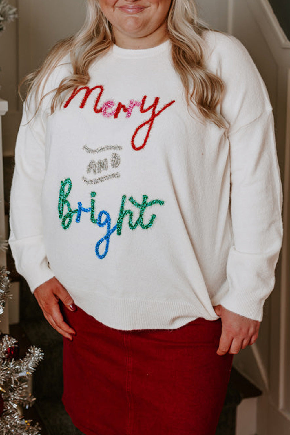 Blue Zone Planet | White Tinsel Merry AND Bright Pattern Plus Size Christmas Sweater-Plus Size/Plus Size Sweaters & Cardigans-[Adult]-[Female]-White-1X-2022 Online Blue Zone Planet