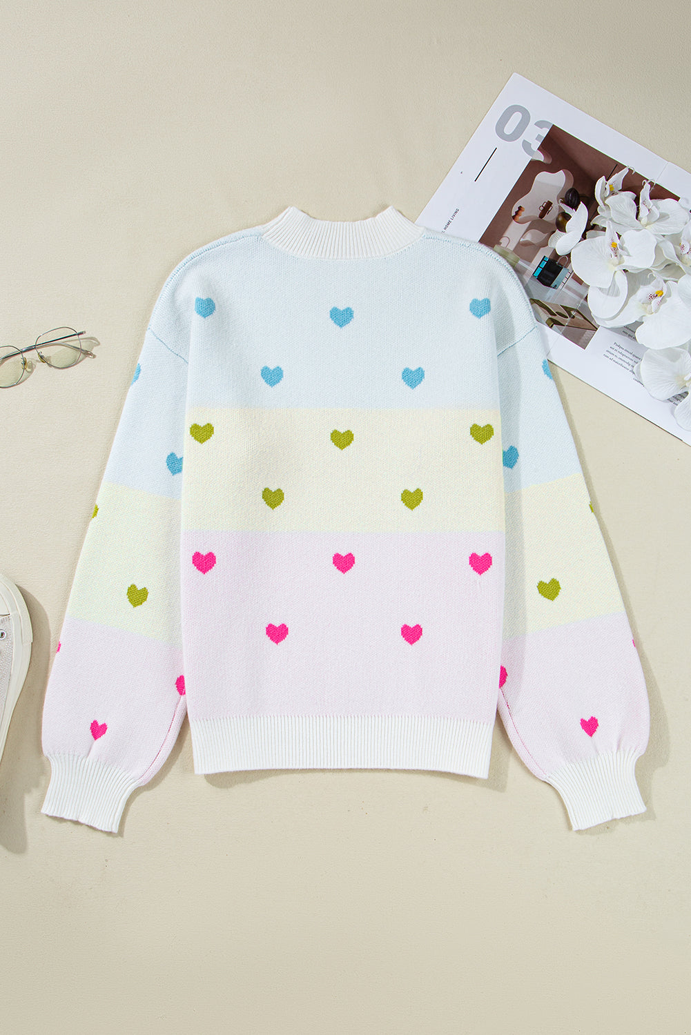 Multicolour Heart Pattern Colorblock Knit High Neck Baggy Sweater-Sweaters & Cardigans/Sweaters-[Adult]-[Female]-2022 Online Blue Zone Planet