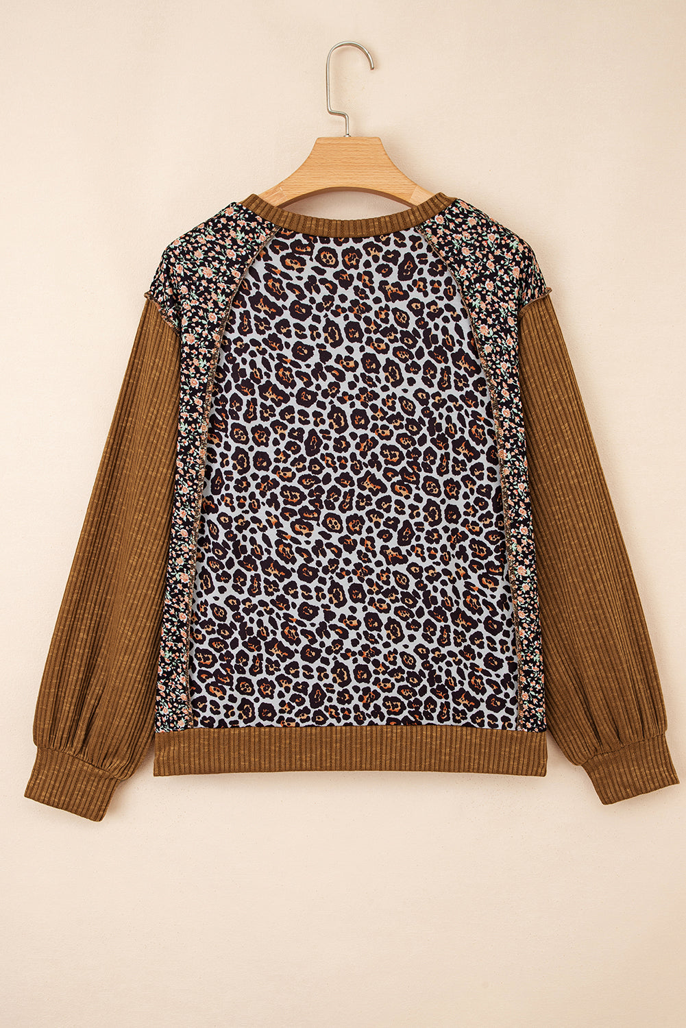 Brown Leopard Floral Print Ribbed Puff Sleeve Patchwork Loose Pullover-Tops/Long Sleeve Tops-[Adult]-[Female]-2022 Online Blue Zone Planet