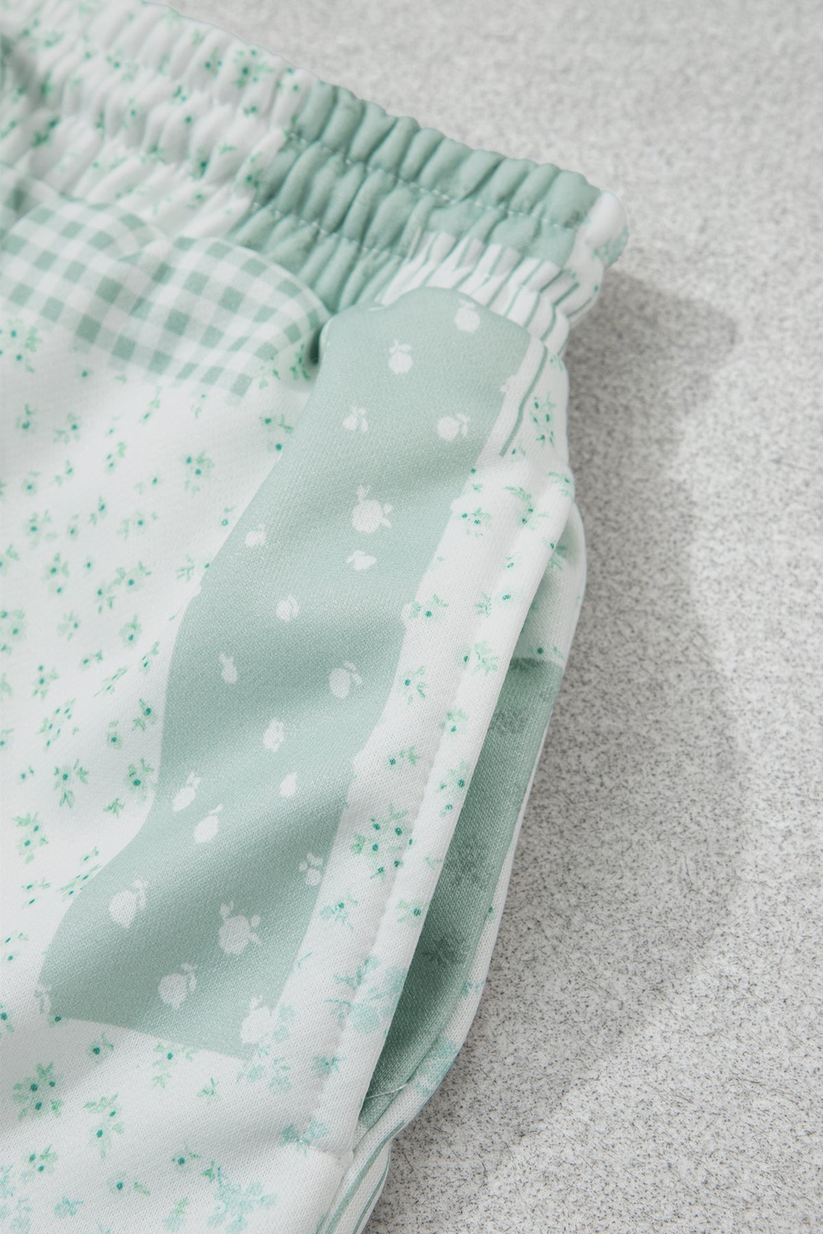 Green Patchwork Floral Print Drop Shoulder Baggy Pullover Drawstring Shorts Set-Two Piece Sets/Short Sets-[Adult]-[Female]-2022 Online Blue Zone Planet