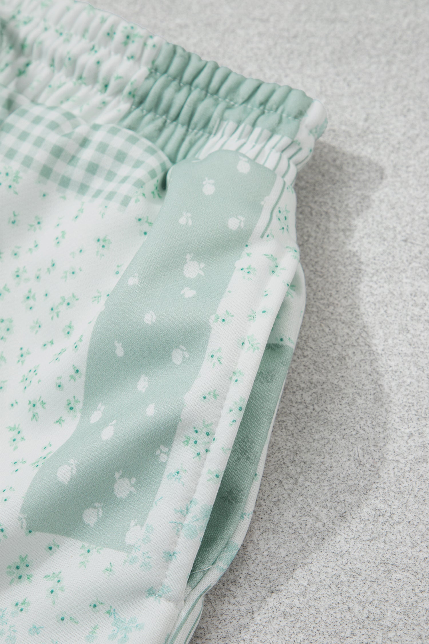 Green Patchwork Floral Print Drop Shoulder Baggy Pullover Drawstring Shorts Set-Two Piece Sets/Short Sets-[Adult]-[Female]-2022 Online Blue Zone Planet
