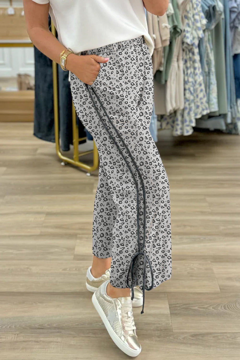 Khaki Leopard High Waist Side Bow Straight Leg-Bottoms/Pants & Culotte-[Adult]-[Female]-2022 Online Blue Zone Planet
