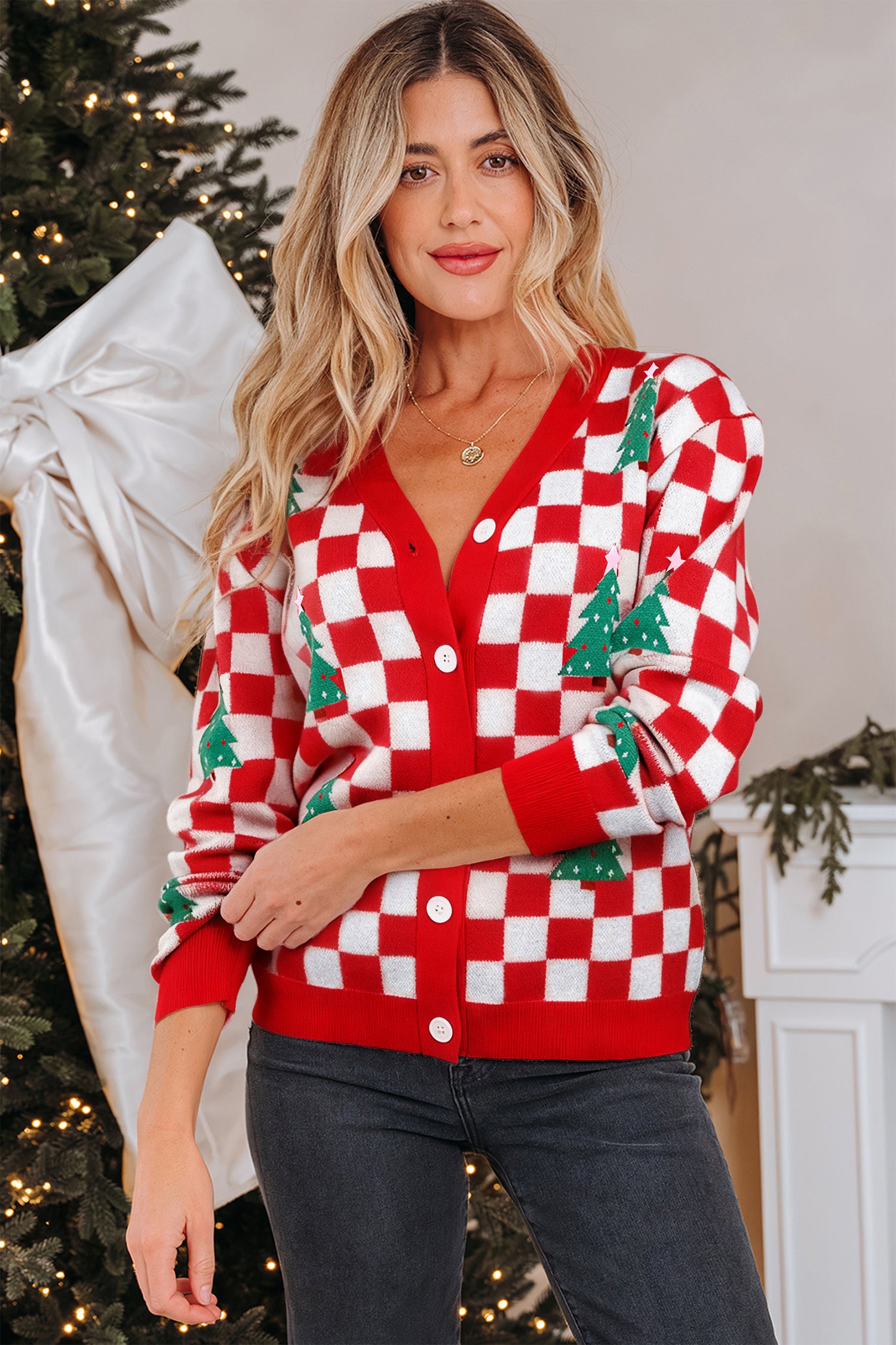Pink Checkered Christmas Tree Pattern Button V Neck Cardigan Sweater-TOPS / DRESSES-[Adult]-[Female]-2022 Online Blue Zone Planet