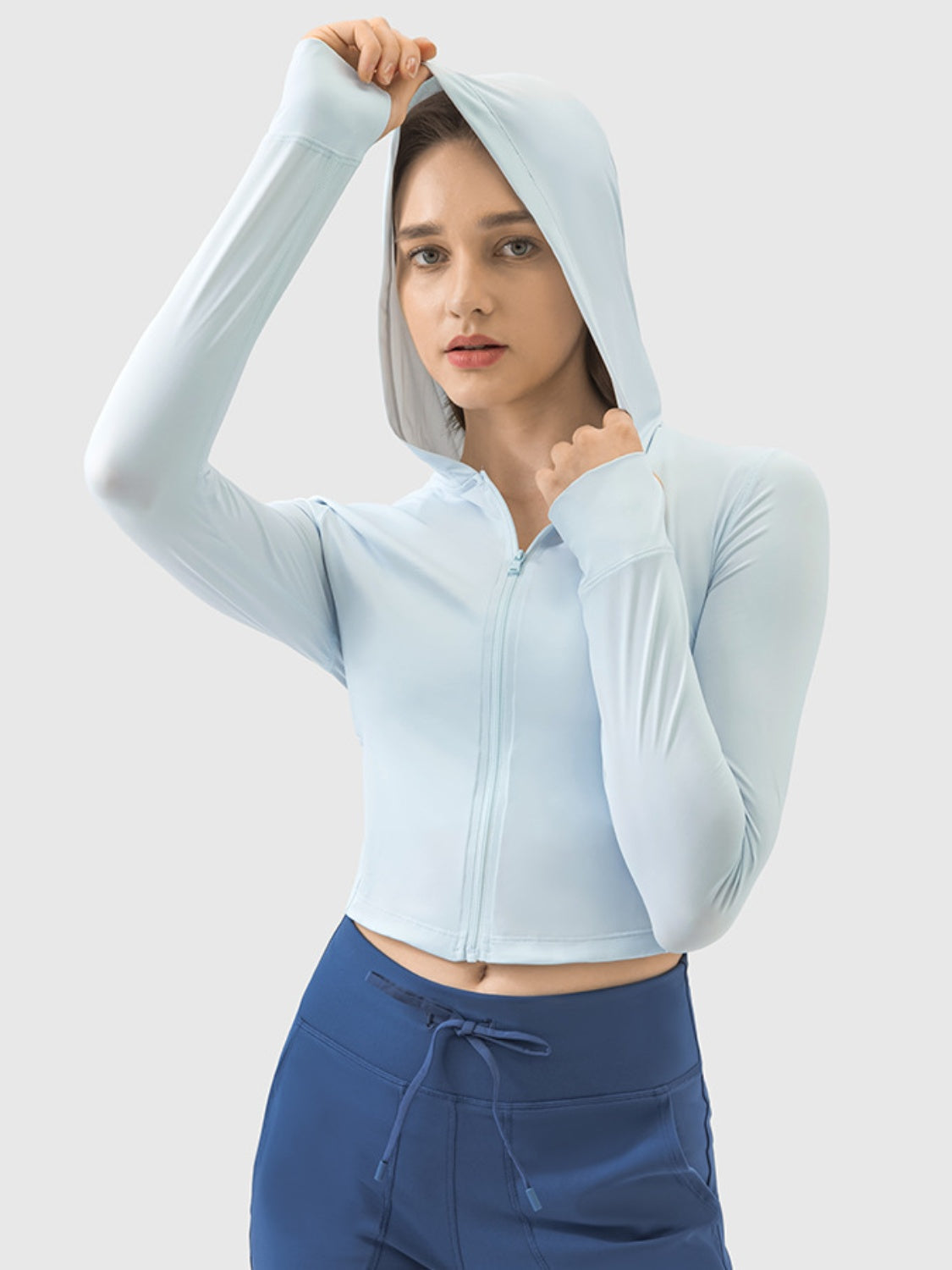 Zip Up Hooded Long Sleeve Active Outerwear-TOPS / DRESSES-[Adult]-[Female]-Light Blue-S-2022 Online Blue Zone Planet