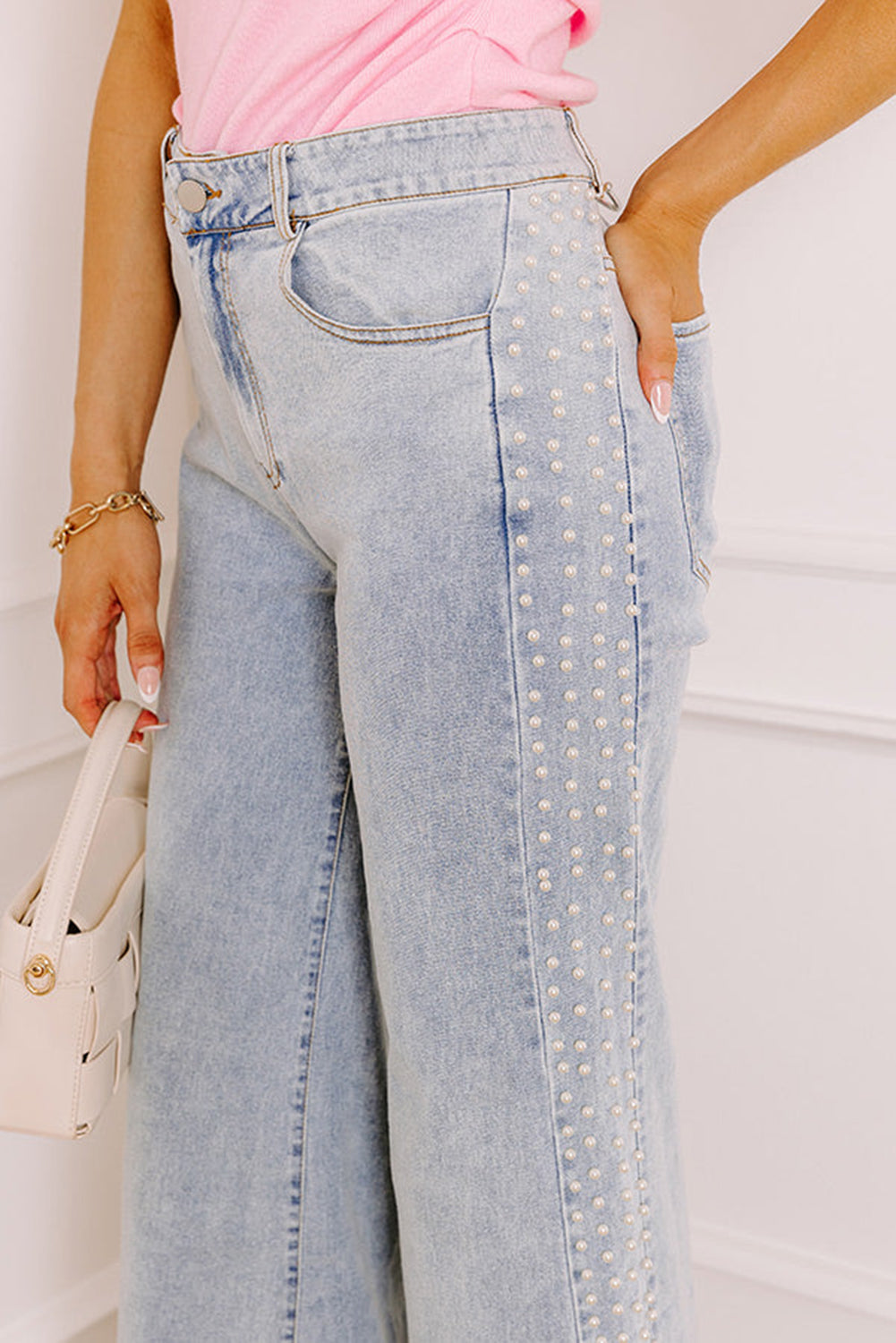 Beau Blue Mid Rise Pearl Embellished Split Wide Leg Jeans-Bottoms/Jeans-[Adult]-[Female]-2022 Online Blue Zone Planet