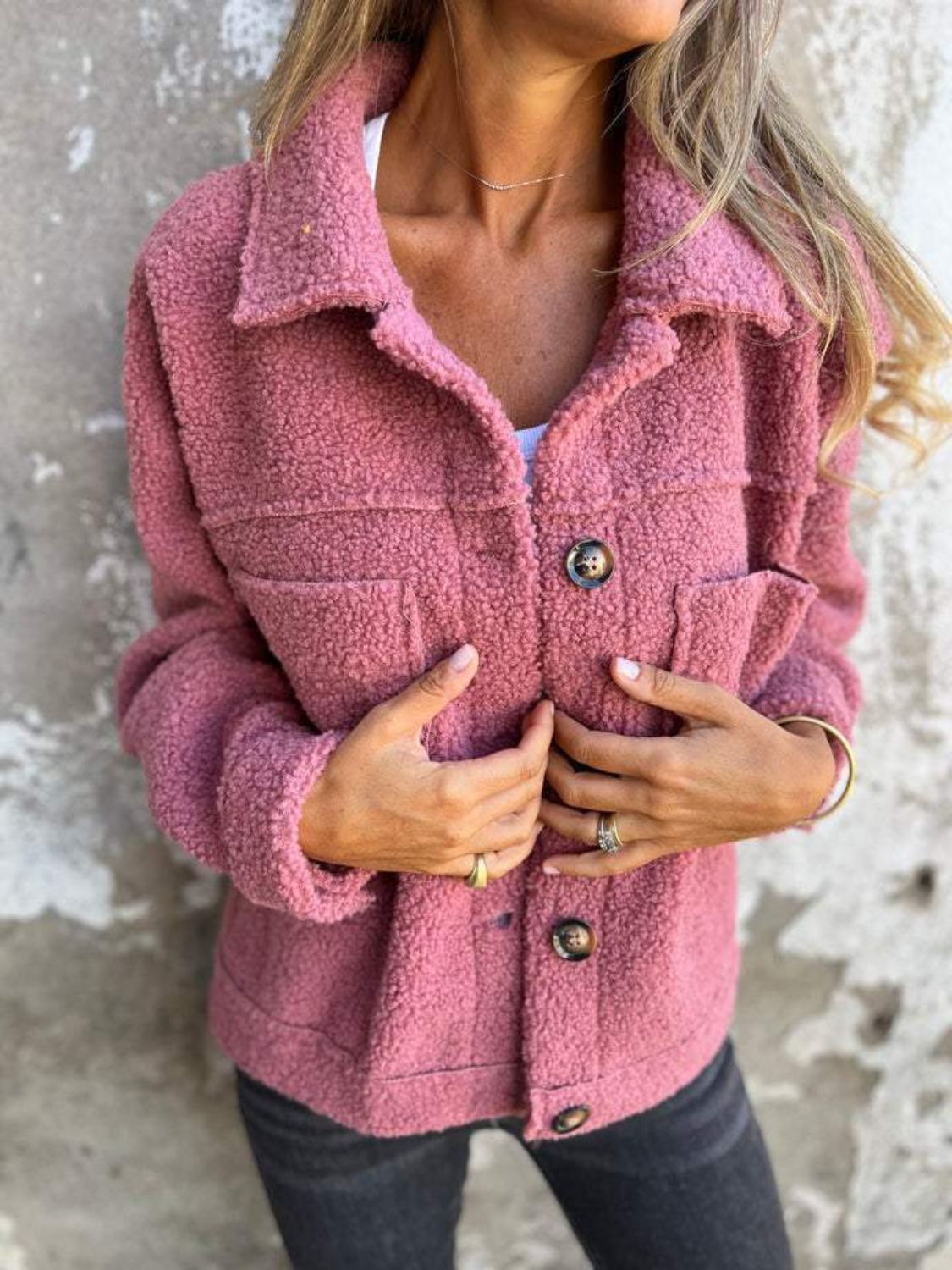 Full Size Fuzzy Button Up Drop Shoulder Jacket-TOPS / DRESSES-[Adult]-[Female]-Dusty Pink-S-2022 Online Blue Zone Planet