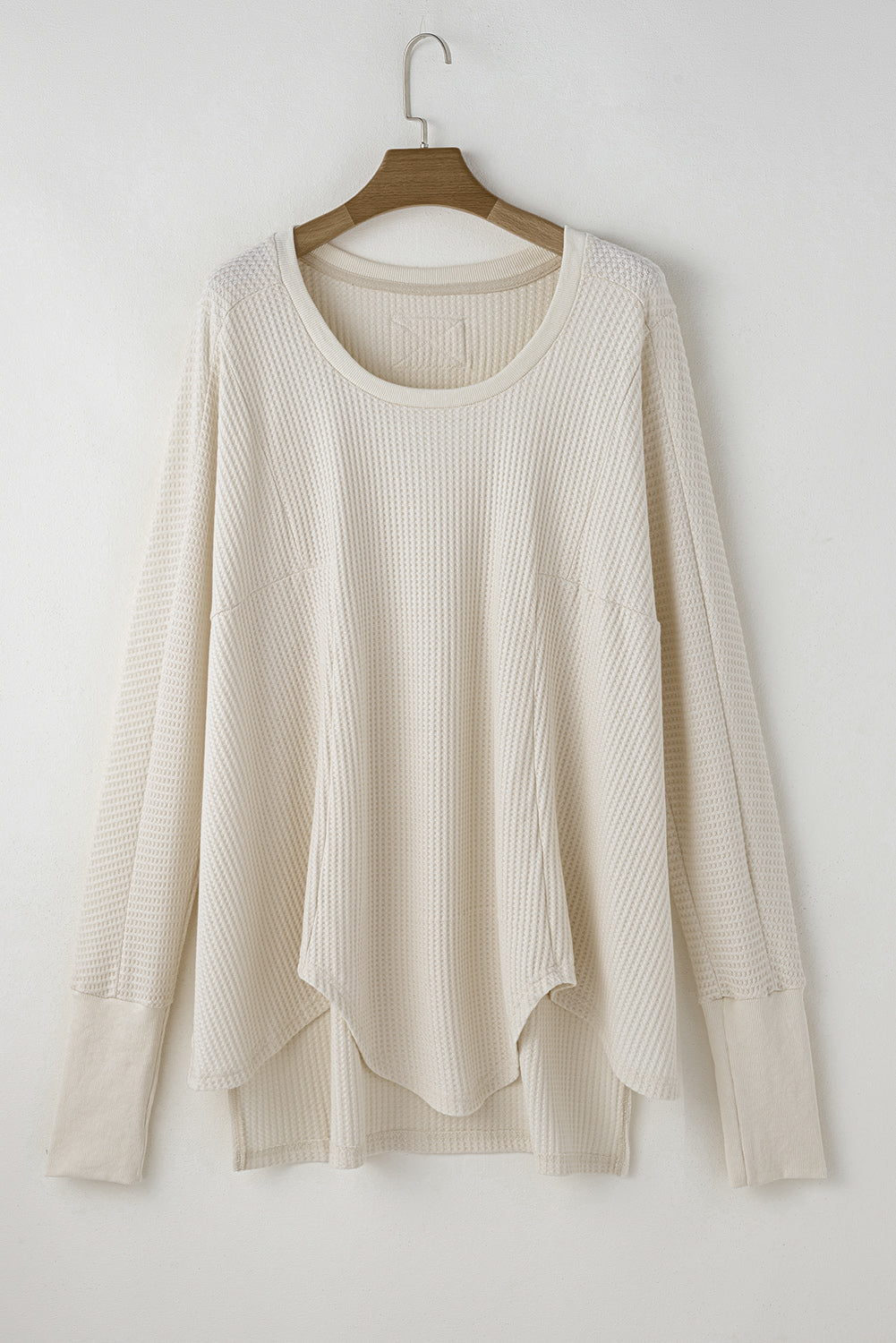 White Waffle Knit Exposed Seam V Neck Oversized Top-Tops/Long Sleeve Tops-[Adult]-[Female]-2022 Online Blue Zone Planet