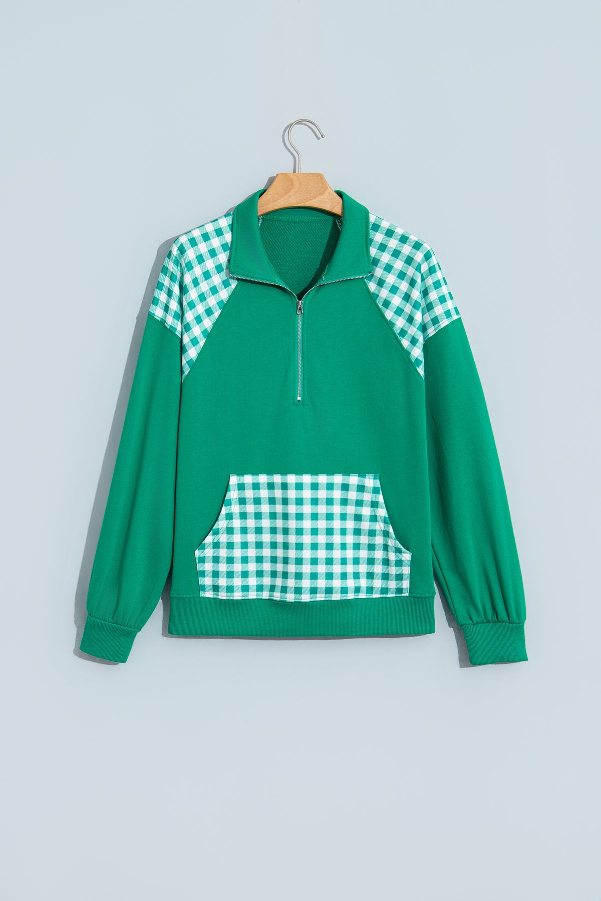 Navy Blue Patchwork Plaid Pocket Quarter Zip Sweatshirt-Tops/Sweatshirts & Hoodies-[Adult]-[Female]-2022 Online Blue Zone Planet