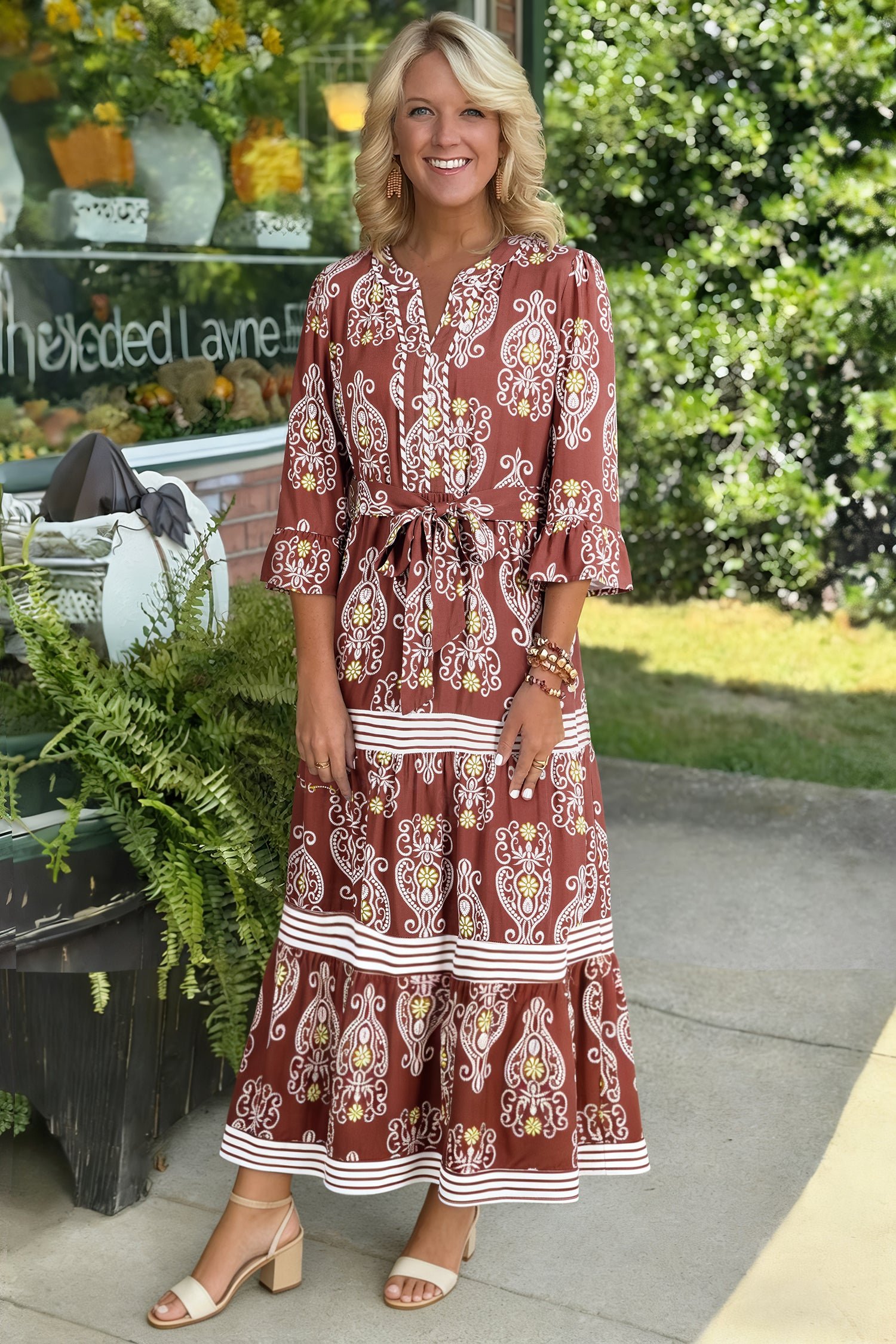 Brown Floral Print Belted Striped Trim Tiered Maxi Dress-TOPS / DRESSES-[Adult]-[Female]-2022 Online Blue Zone Planet