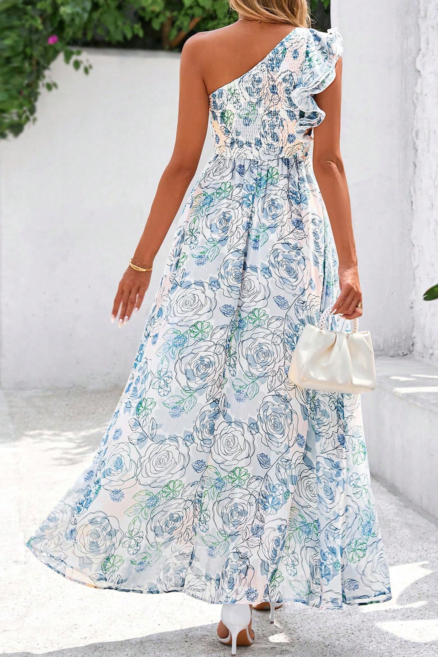 Sky Blue Floral Print Ruffled One Shoulder Vacation Maxi Dress-Dresses/Floral Dresses-[Adult]-[Female]-2022 Online Blue Zone Planet