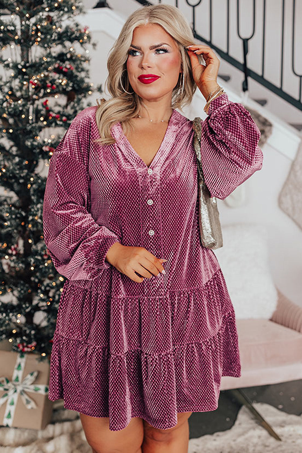 Meadow Mauve Plus Size Textured Velvet Tiered Buttons Tiered Dress-Plus Size/Plus Size Dresses/Plus Size Mini Dresses-[Adult]-[Female]-2022 Online Blue Zone Planet