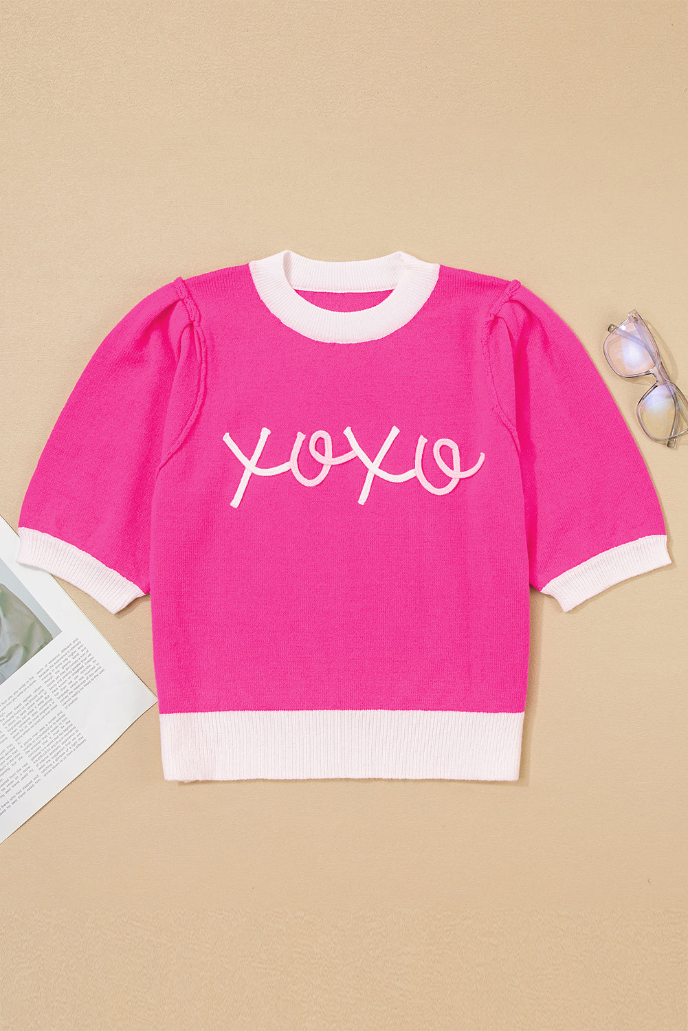 Bright Pink XOXO Embroidered Graphic Valentines Contrast Trim Crew Neck Short Puff Sleeve Sweater Tee-TOPS / DRESSES-[Adult]-[Female]-2022 Online Blue Zone Planet