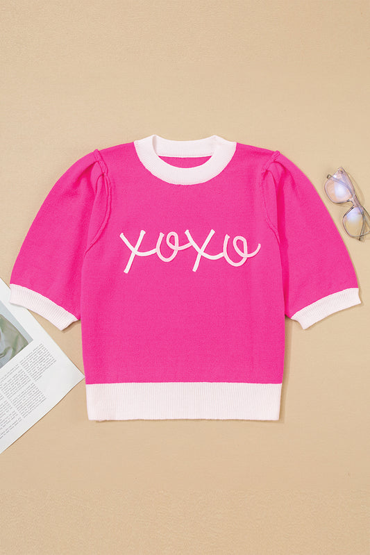 Bright Pink XOXO Embroidered Graphic Valentines Contrast Trim Crew Neck Short Puff Sleeve Sweater Tee-TOPS / DRESSES-[Adult]-[Female]-2022 Online Blue Zone Planet