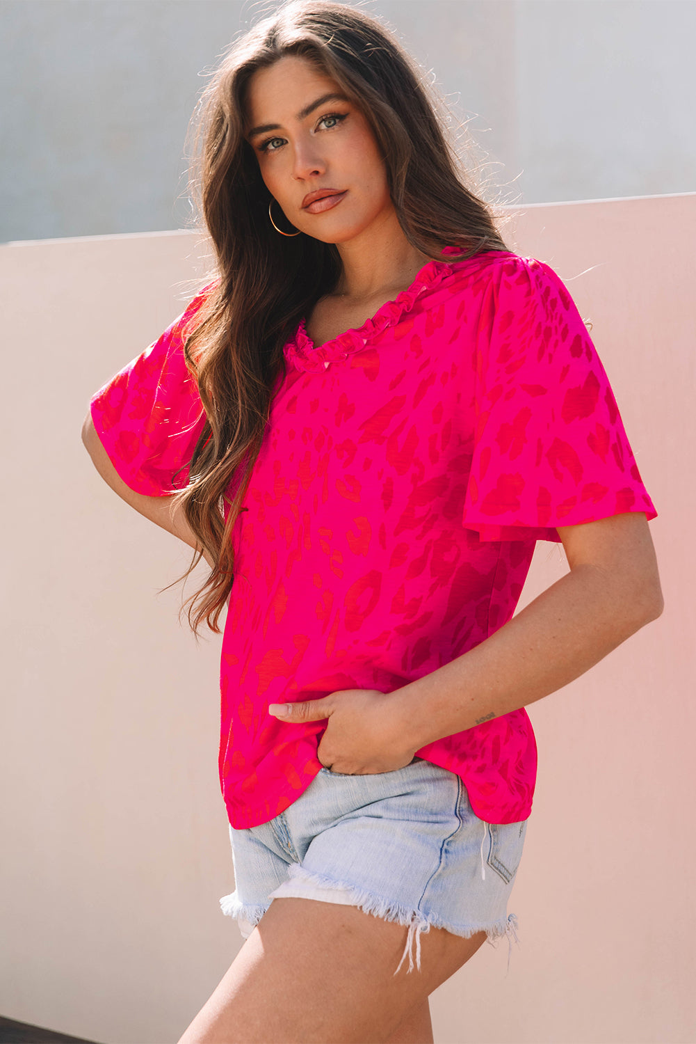 Rose Leopard Frilly V Neck Short Sleeve Blouse-Tops/Blouses & Shirts-[Adult]-[Female]-2022 Online Blue Zone Planet