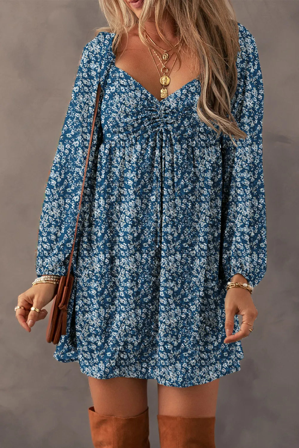 Blue Zone Planet |  Ruched Printed Long Sleeve Mini Dress