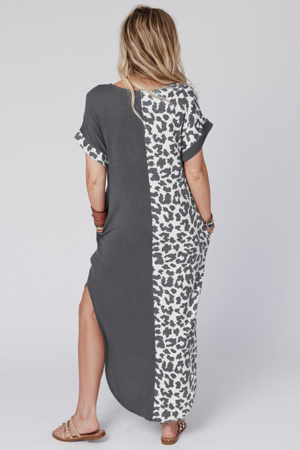Black Contrast Solid Leopard Short Sleeve T-shirt Dress with Slits Blue Zone Planet