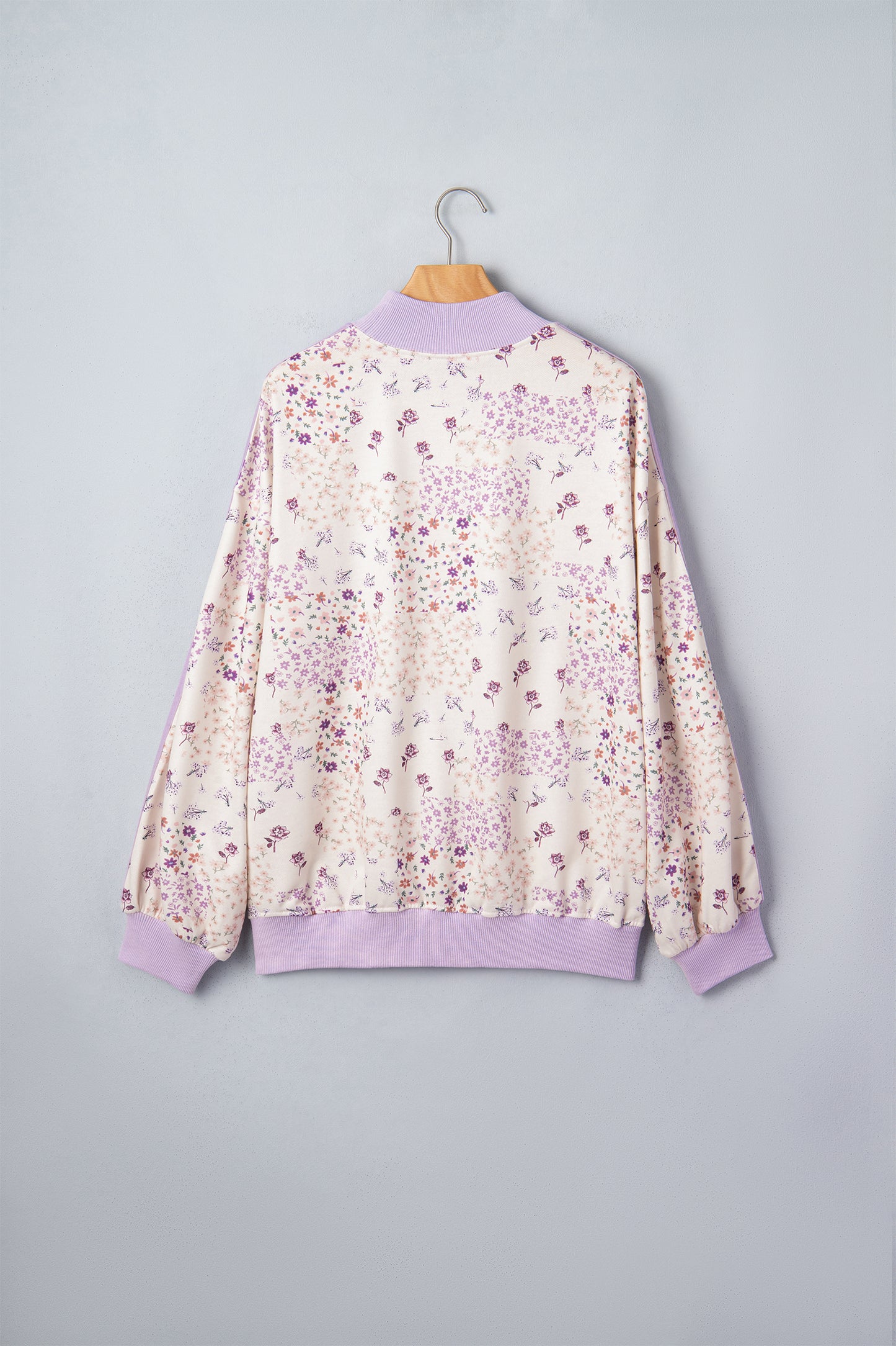 Purple Floral Print High Neck Colorblock Sleeve Paneling Sweatshirt-Tops/Sweatshirts & Hoodies-[Adult]-[Female]-2022 Online Blue Zone Planet