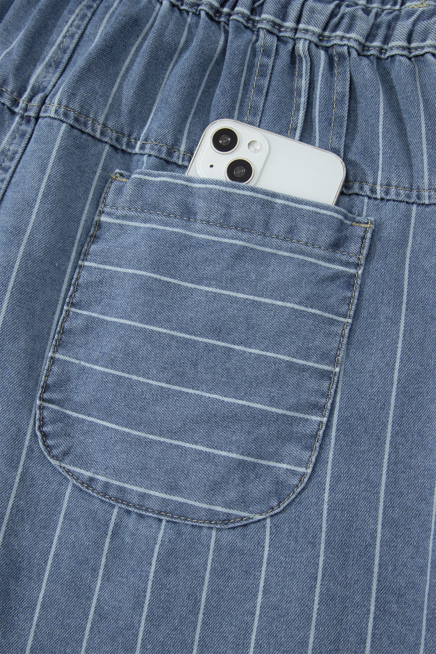 Sky Blue Stripe Drawstring Button Pleated High Waist Denim Shorts-Bottoms/Denim Shorts-[Adult]-[Female]-2022 Online Blue Zone Planet