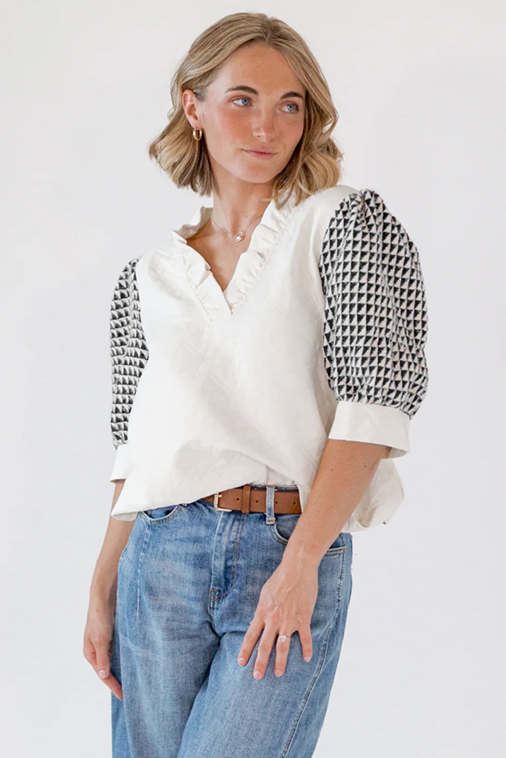 Blue Zone Planet | White Geometric Textured Short Sleeve Frilly V Neck Blouse-Tops/Blouses & Shirts-[Adult]-[Female]-2022 Online Blue Zone Planet