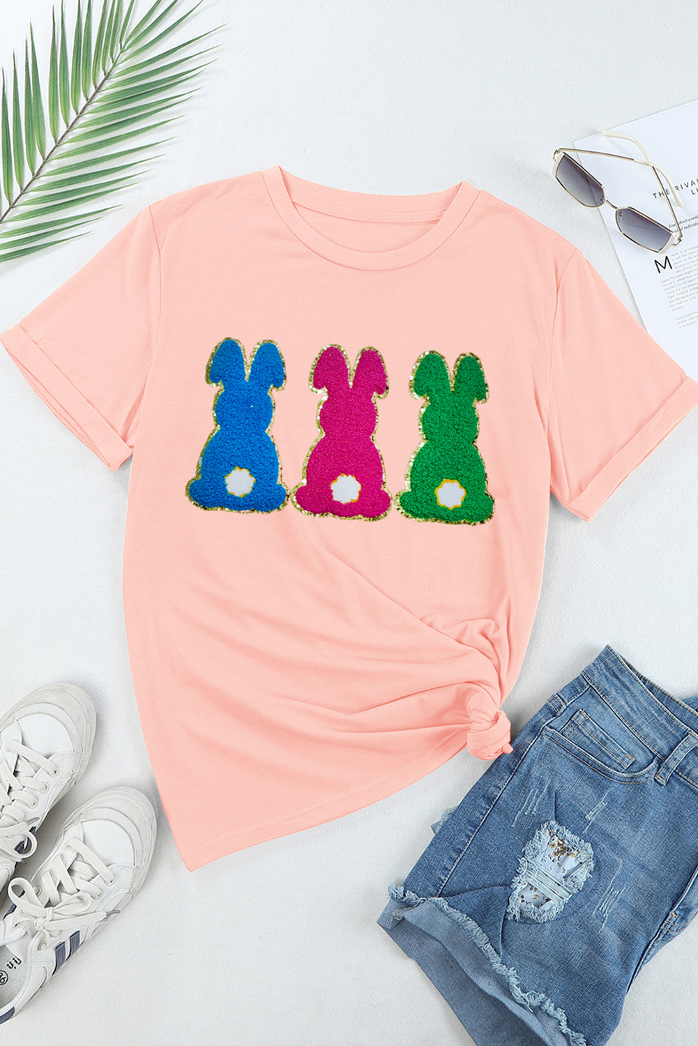 Pink Easter Bunny Chenille Patched Graphic Tee-Graphic/Graphic Tees-[Adult]-[Female]-2022 Online Blue Zone Planet