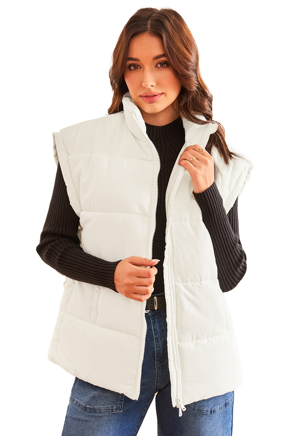 Blue Zone Planet | Beige Zipper Stand Neck Oversized Puffer Vest-Outerwear/Vests-[Adult]-[Female]-2022 Online Blue Zone Planet