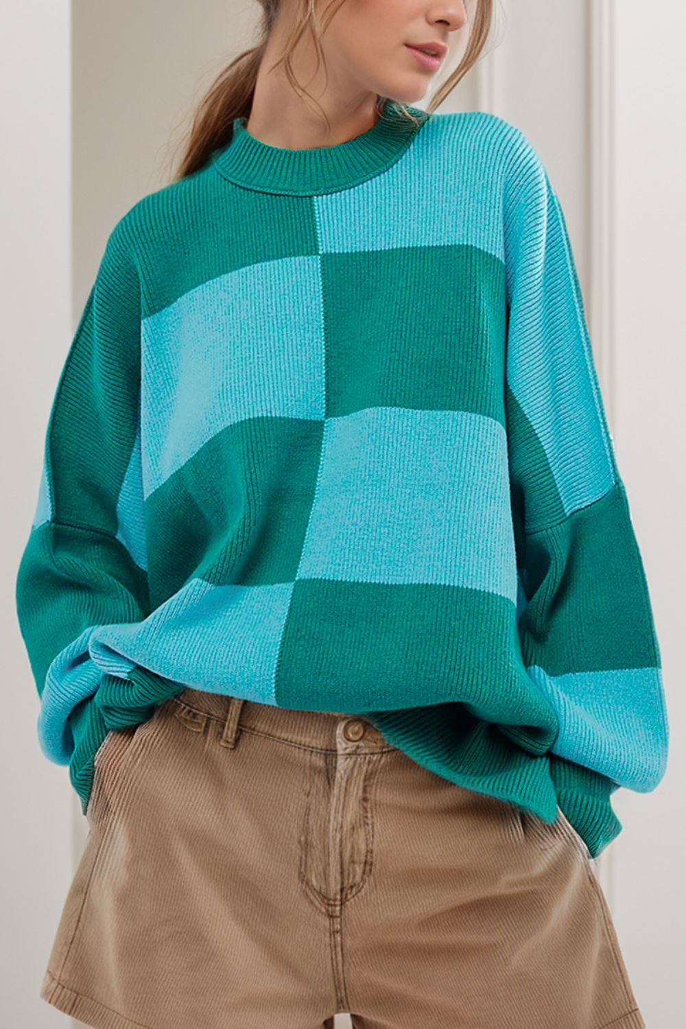 Color Block Round Neck Long Sleeve Sweater-TOPS / DRESSES-[Adult]-[Female]-Turquoise-S-2022 Online Blue Zone Planet