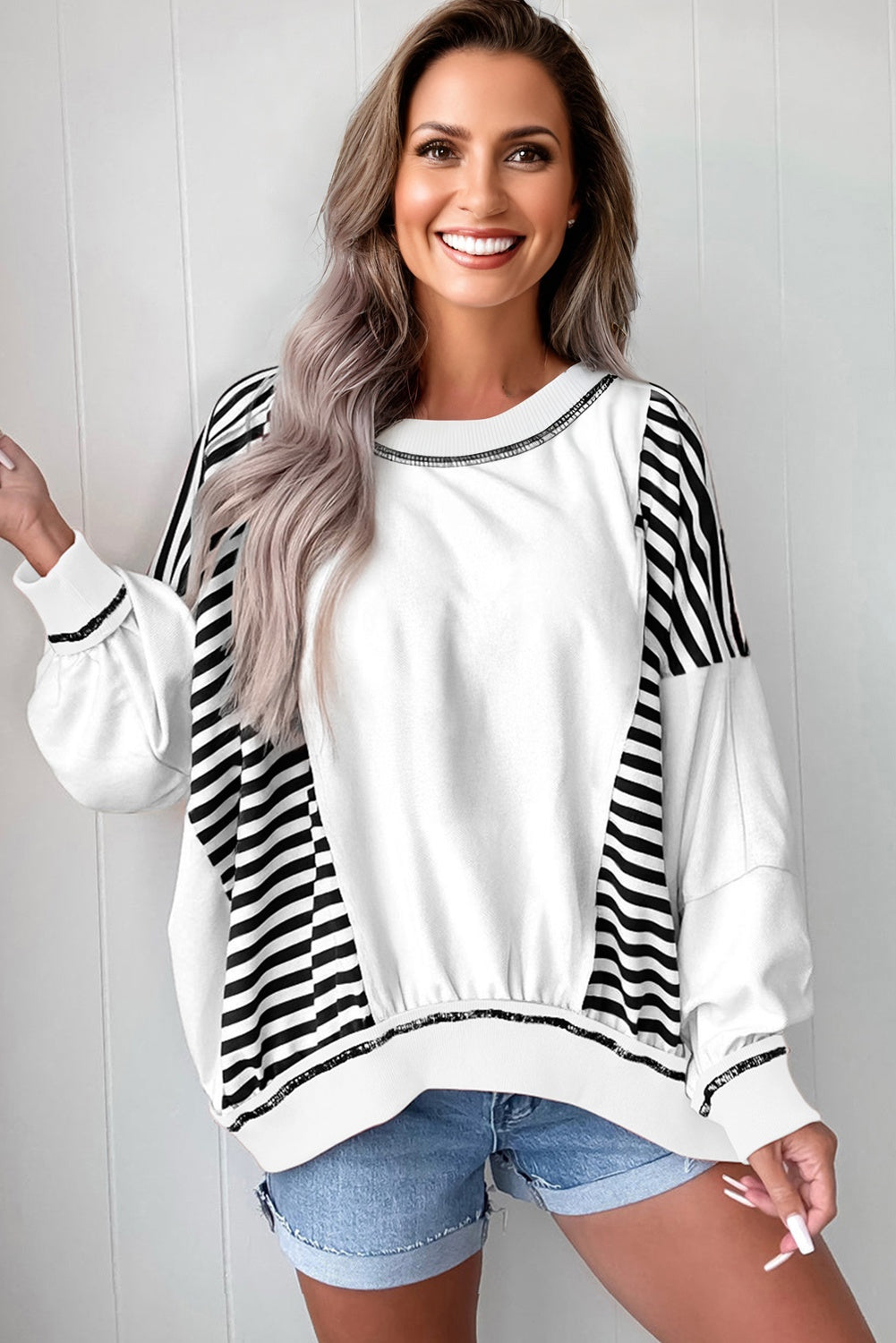 White Stripe Colorblock Patchwork Contrast Stitching Oversize Sweatshirt-Tops/Sweatshirts & Hoodies-[Adult]-[Female]-2022 Online Blue Zone Planet