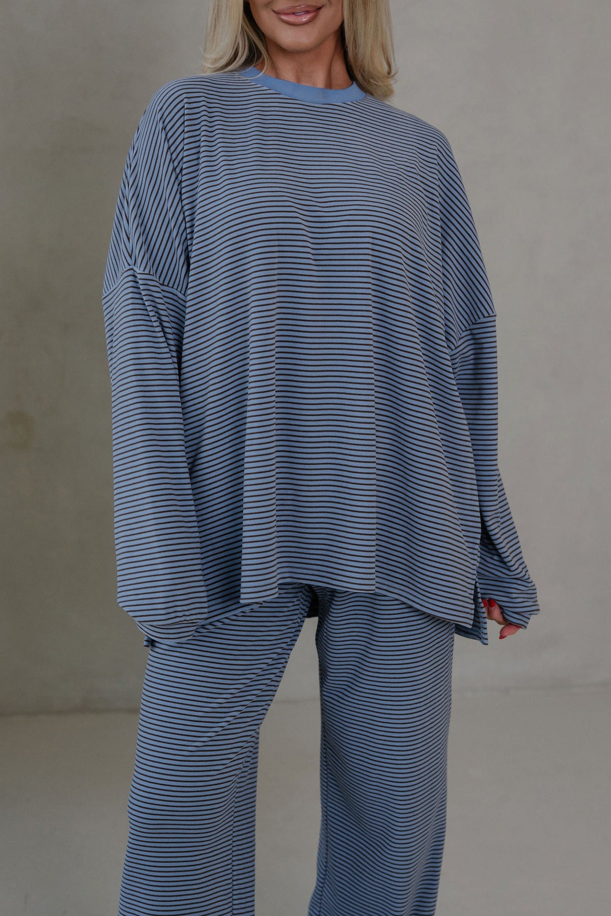 Beige Stripe Contrast Trim Round Neck Oversize Long Sleeve Top 2pcs Pant Set
