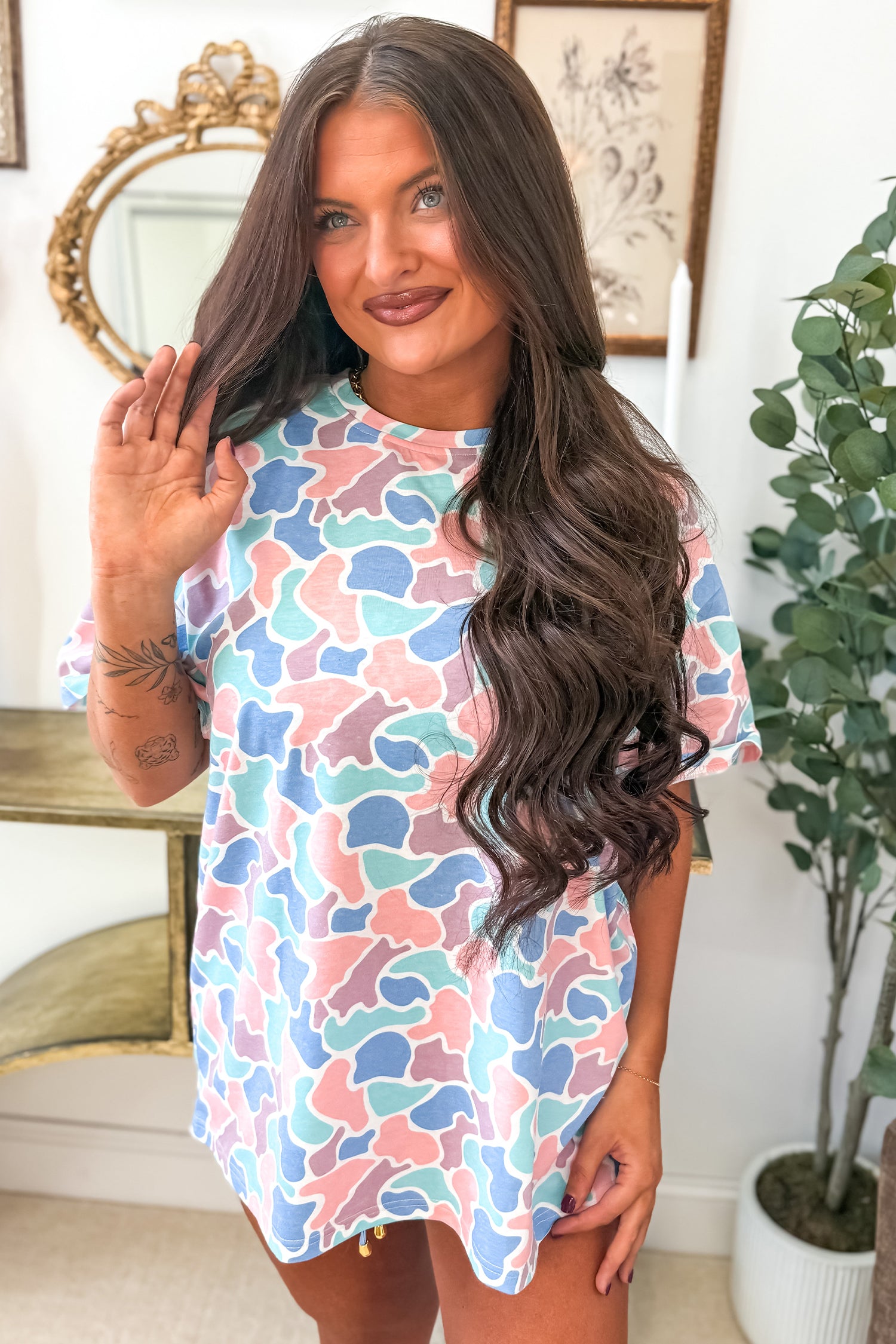 Multicolour Camouflage Print Preppy Fashion Tunic Tee-Tops/Tops & Tees-[Adult]-[Female]-2022 Online Blue Zone Planet