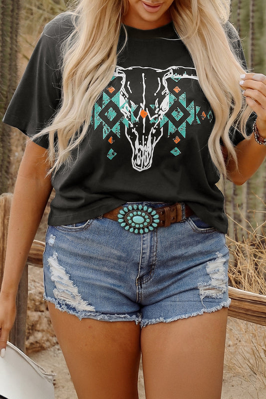 Carbon Grey Plus Size Western Aztec Bull Skull Printed T Shirt-Plus Size/Plus Size Tops/Plus Size Tops & Tees-[Adult]-[Female]-Carbon Grey-1X-2022 Online Blue Zone Planet