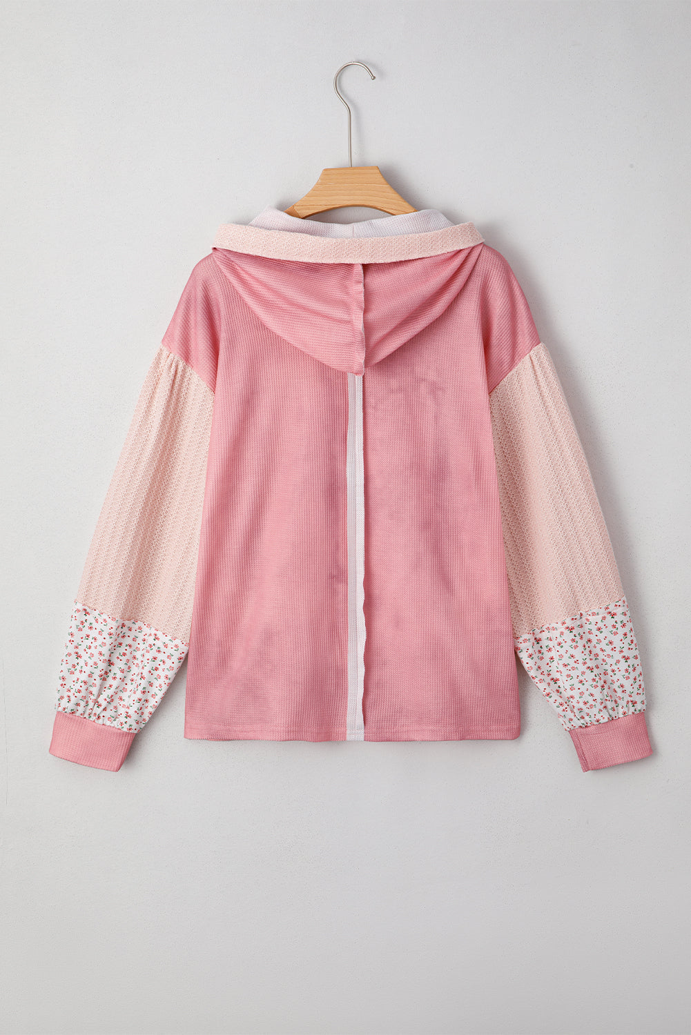 Pink Floral Patched Waffle Textured Colorblock V Neck Casual Hooded Top-Tops / Dresses-[Adult]-[Female]-2022 Online Blue Zone Planet