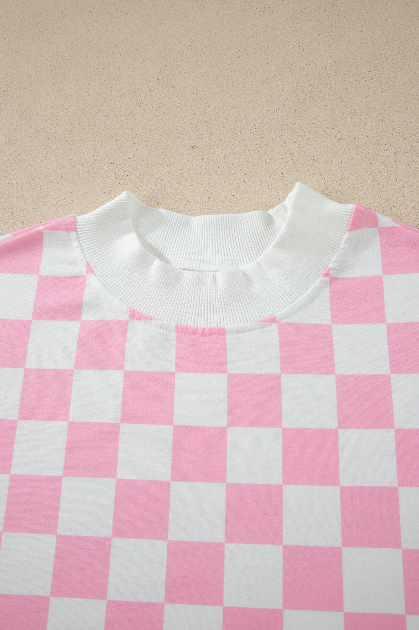 Pink Checkered Print Color Block Trim Mock Neck Short Set-Two Piece Sets/Short Sets-[Adult]-[Female]-2022 Online Blue Zone Planet