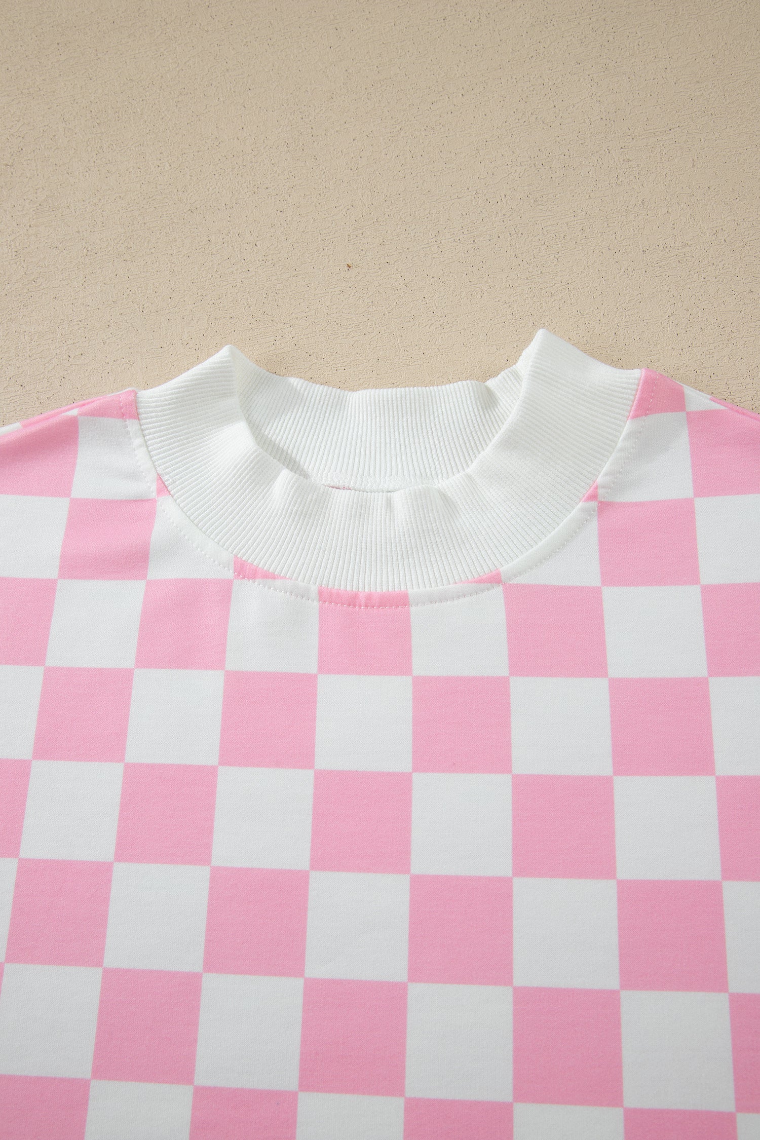 Pink Checkered Print Color Block Trim Mock Neck Short Set-Two Piece Sets/Short Sets-[Adult]-[Female]-2022 Online Blue Zone Planet