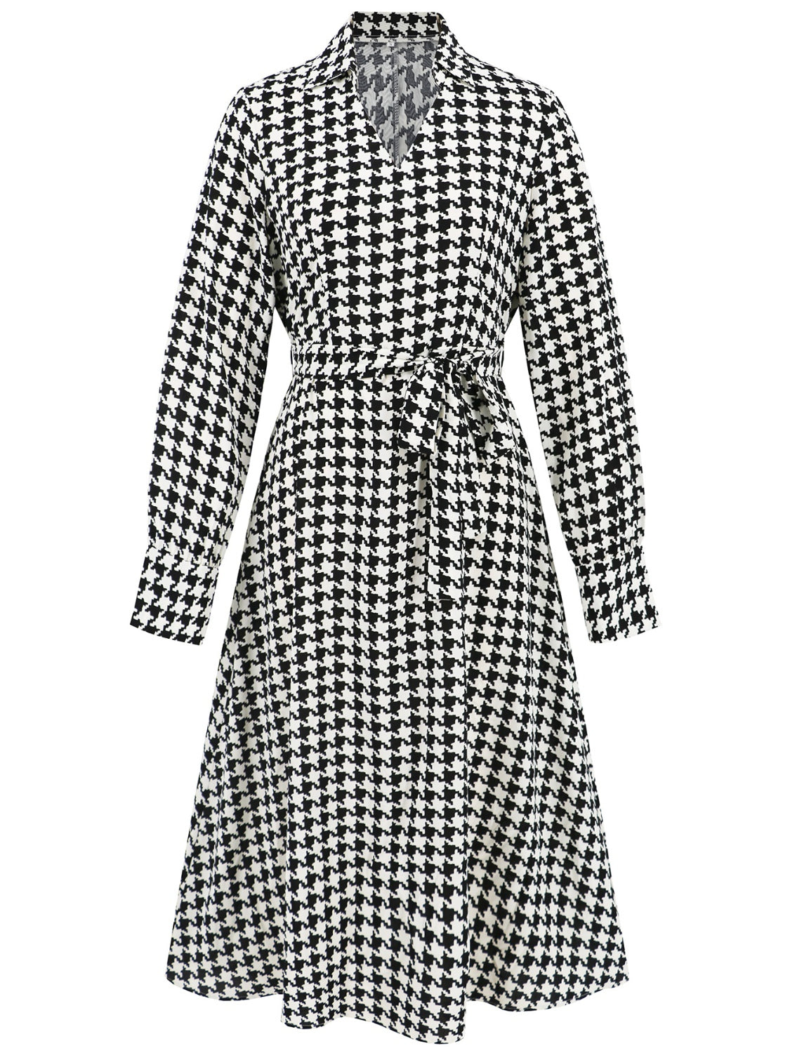 Tied Houndstooth Long Sleeve Midi Dress-TOPS / DRESSES-[Adult]-[Female]-2022 Online Blue Zone Planet