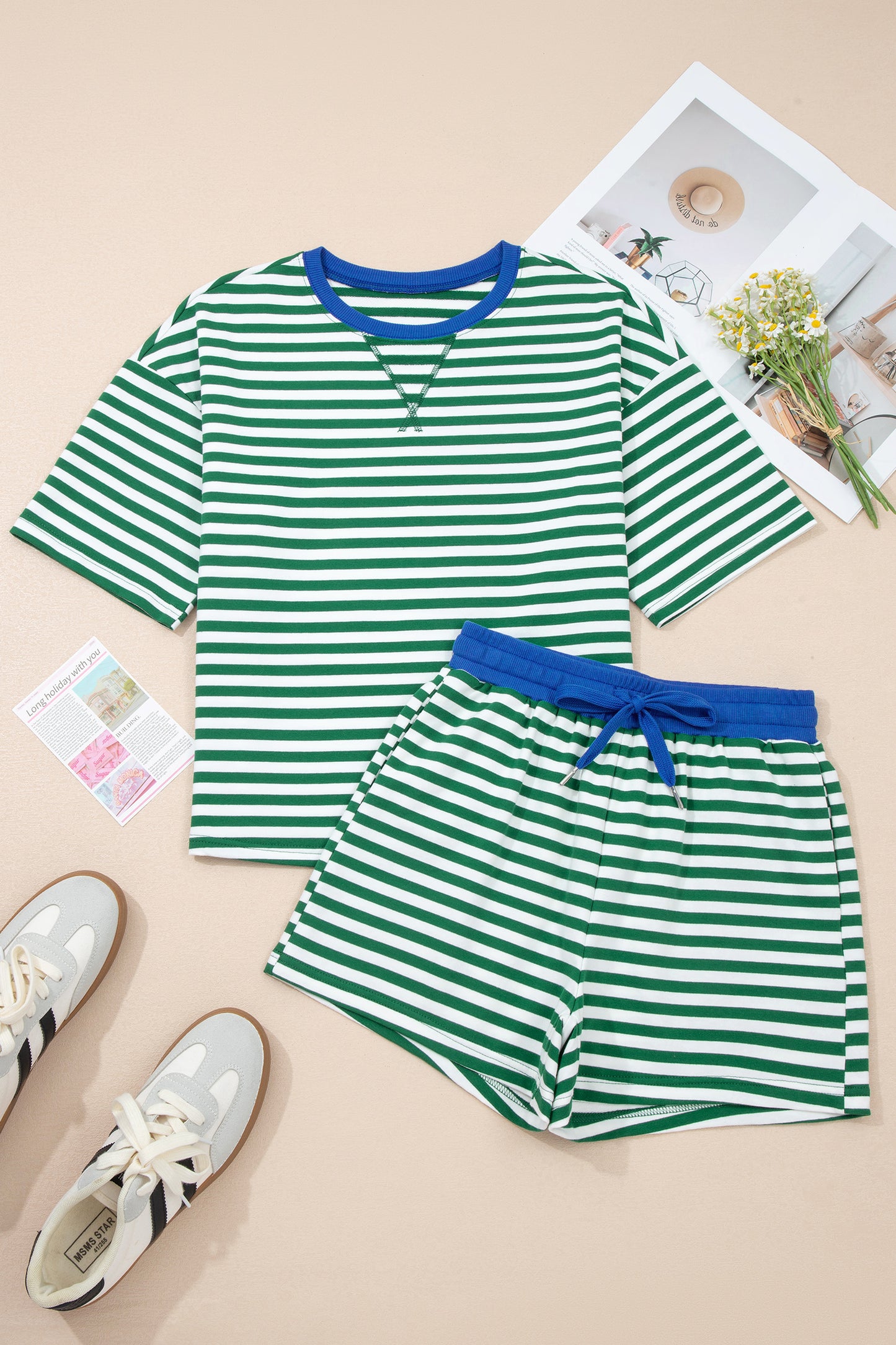 Green Stripe Drop Shoulder Boxy Casual Terry Short Set-Two Piece Sets/Short Sets-[Adult]-[Female]-2022 Online Blue Zone Planet