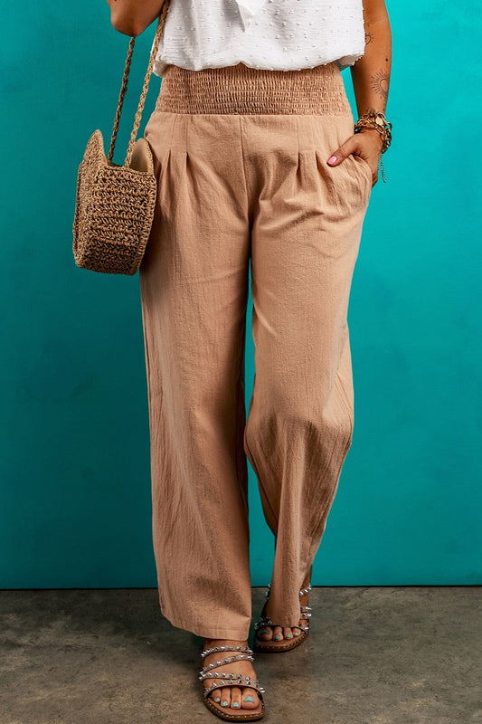 Blue Zone Planet | Smocked Elastic Waist Pants with Pockets-BOTTOMS SIZES SMALL MEDIUM LARGE-[Adult]-[Female]-Tan-S-2022 Online Blue Zone Planet