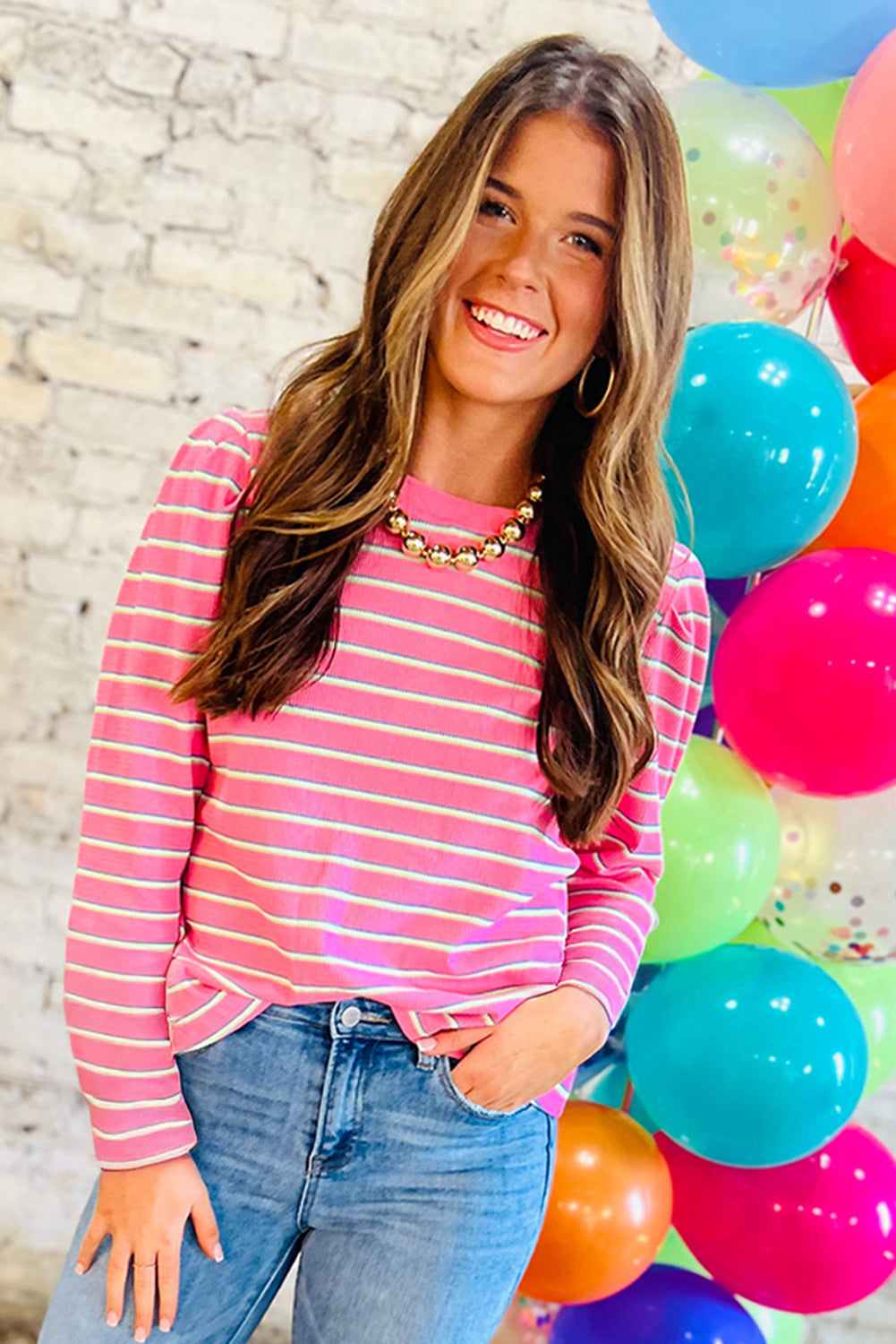 Rose Stripe Textured Knit Round Neck Long Sleeve Top-Tops/Long Sleeve Tops-[Adult]-[Female]-2022 Online Blue Zone Planet