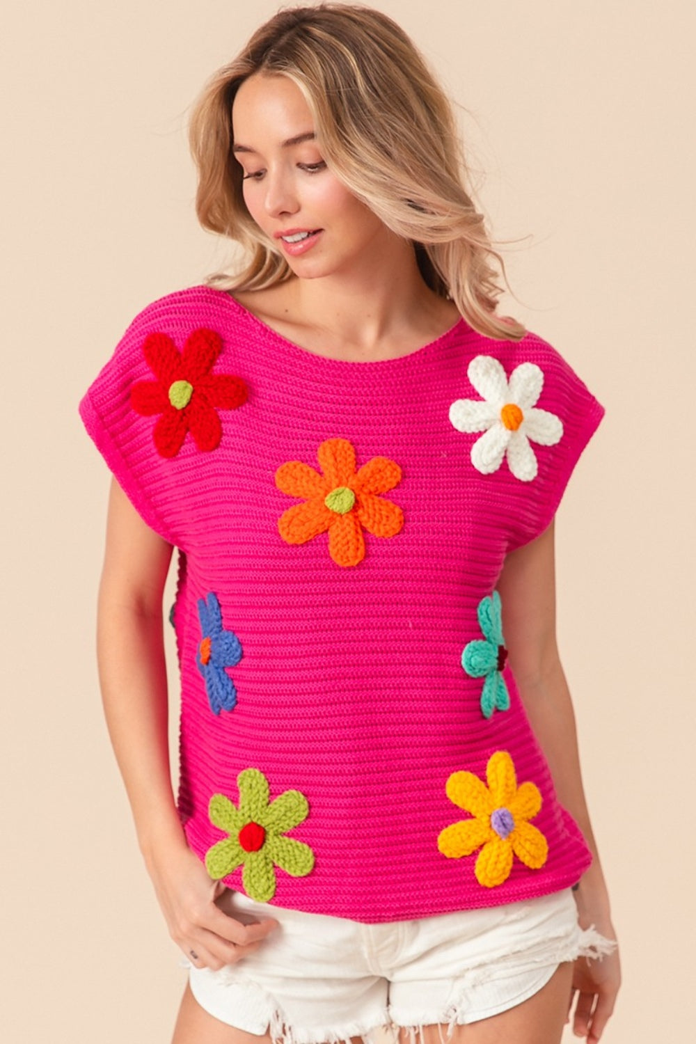 BiBi Flower Round Neck Cap Sleeve Knit Top-TOPS / DRESSES-[Adult]-[Female]-2022 Online Blue Zone Planet