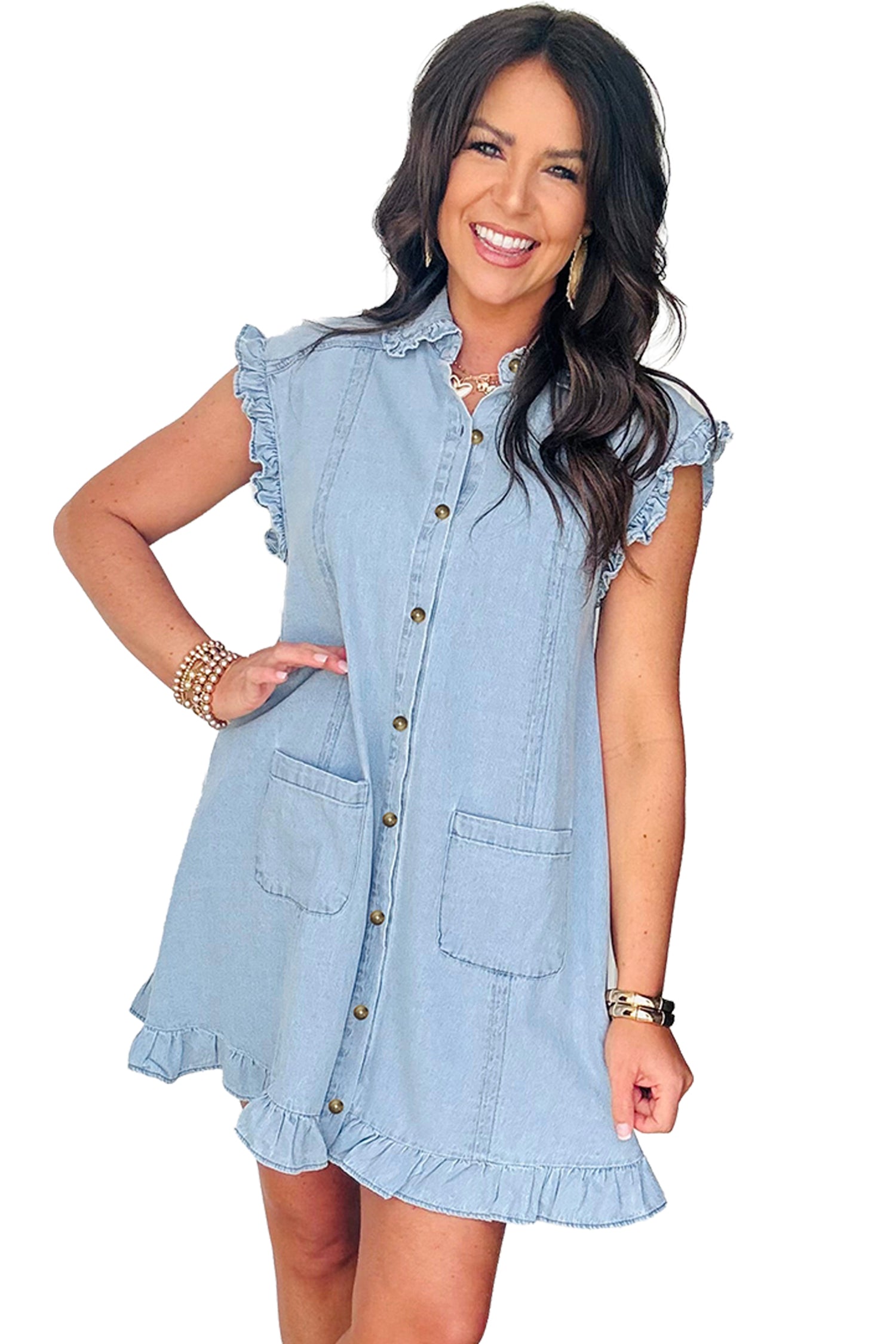 Beau Blue Ruffled Edge Collared Shift Denim Dress with Pockets-TOPS / DRESSES-[Adult]-[Female]-2022 Online Blue Zone Planet