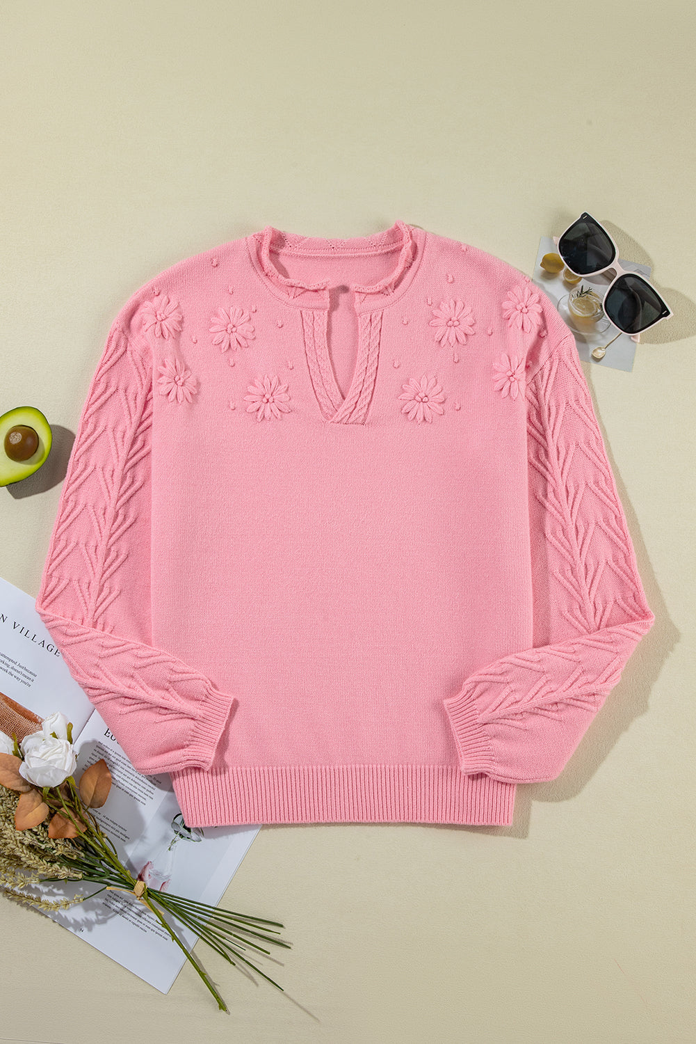 Daisy Notched Long Sleeve Sweater-TOPS / DRESSES-[Adult]-[Female]-2022 Online Blue Zone Planet