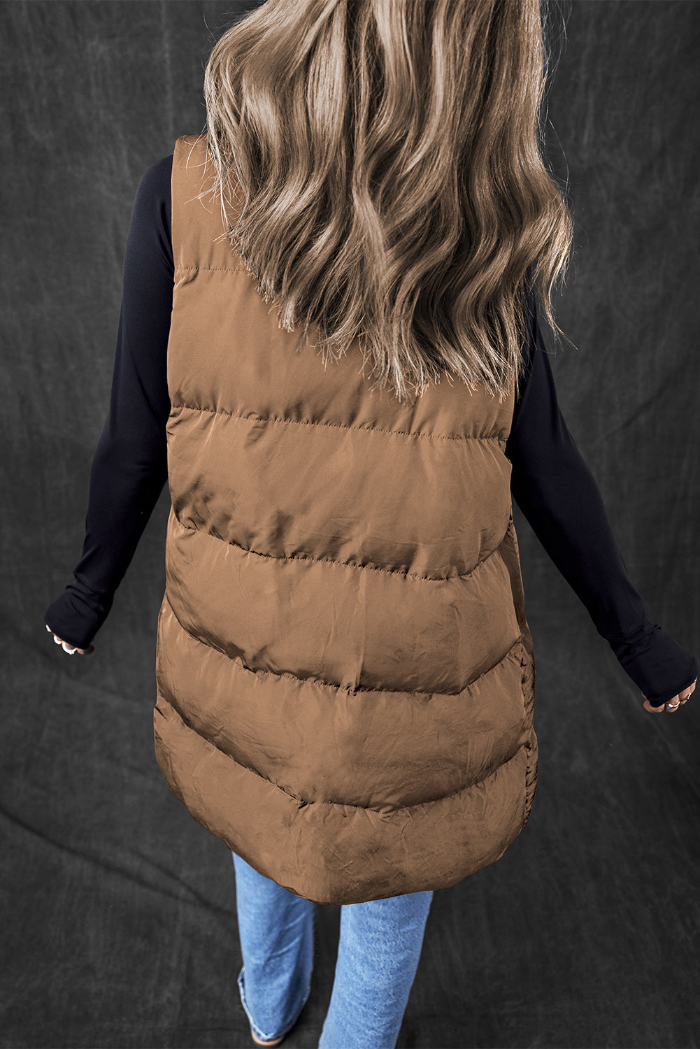 Black Windproof Longline Full Zipper Puffer Vest with Pockets-Outerwear/Vests-[Adult]-[Female]-2022 Online Blue Zone Planet