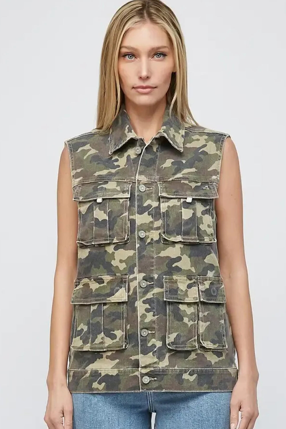 Green Camo Cargo Denim Vest-Outerwear/Vests-[Adult]-[Female]-2022 Online Blue Zone Planet