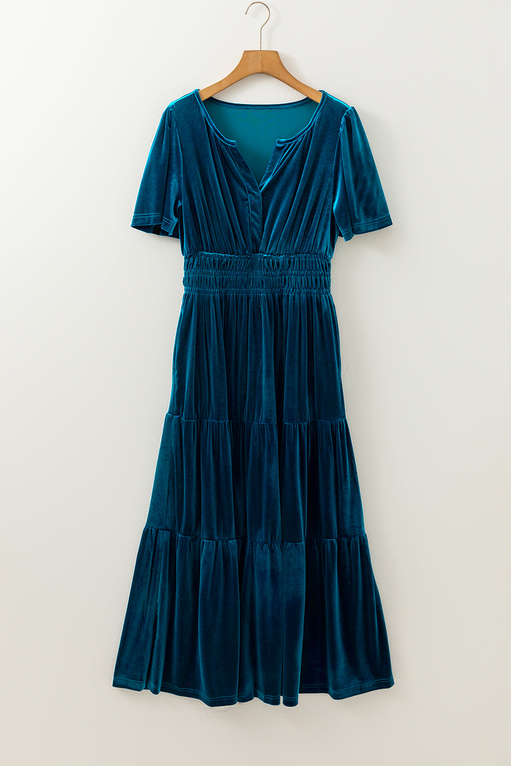 Blue Zone Planet | Prussian Blue Velvet Short Sleeve Shirred Waist Tiered Maxi Dress-TOPS / DRESSES-[Adult]-[Female]-2022 Online Blue Zone Planet