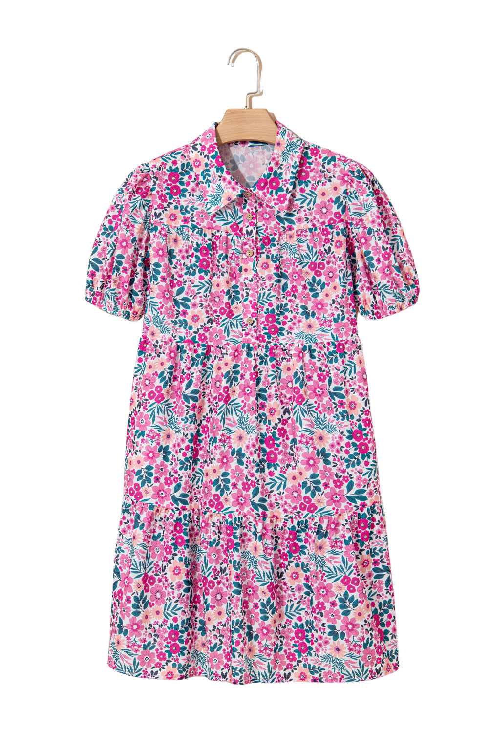 Pink Floral Collared Half Placket Short Sleeve Loose Dress-TOPS / DRESSES-[Adult]-[Female]-2022 Online Blue Zone Planet