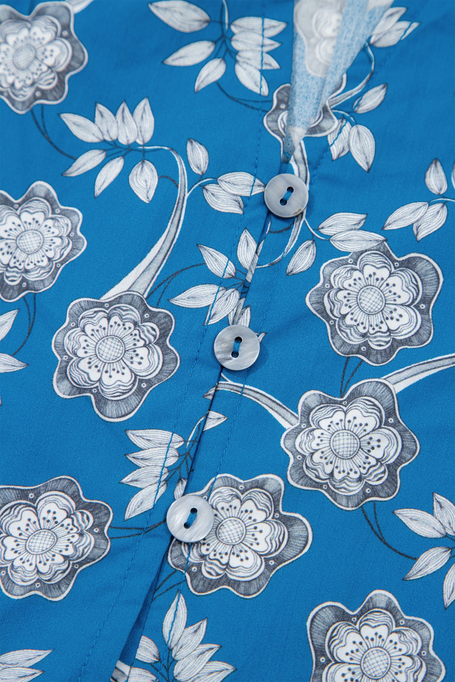 Blue Floral Print Button Tie Neck Striped Detail Short Sleeve Blouse-Tops/Blouses & Shirts-[Adult]-[Female]-2022 Online Blue Zone Planet