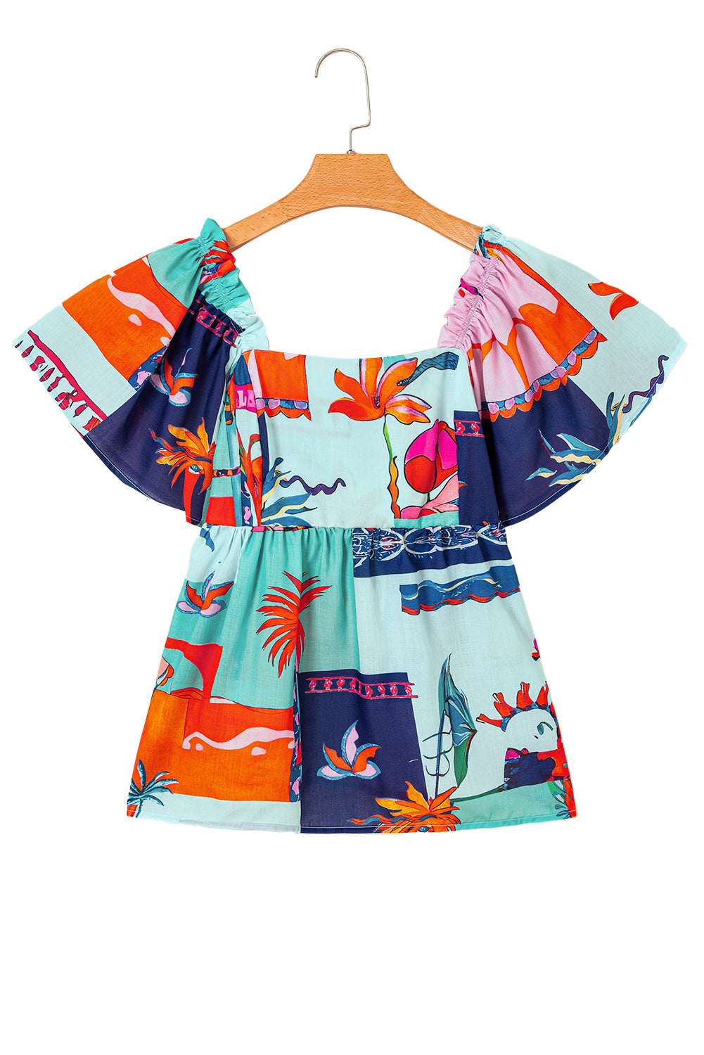 Sky Blue Tropical Printed Square Neck Flutter Sleeve Babydoll Blouse-Tops/Blouses & Shirts-[Adult]-[Female]-2022 Online Blue Zone Planet