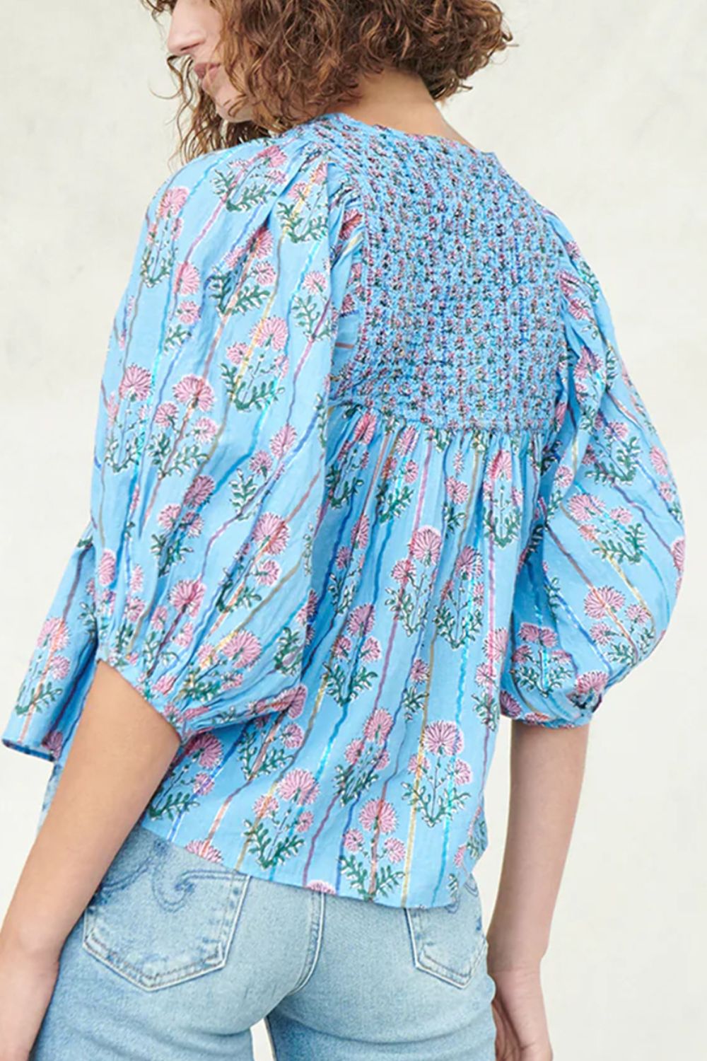 Smocked Floral Print Tie Neck Blouse-TOPS / DRESSES-[Adult]-[Female]-2022 Online Blue Zone Planet