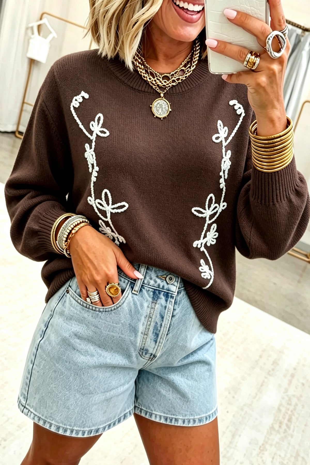 Chicory Coffee Embroidered Floral Round Neck Casual Shift Sweater-TOPS / DRESSES-[Adult]-[Female]-Chicory Coffee-S-2022 Online Blue Zone Planet